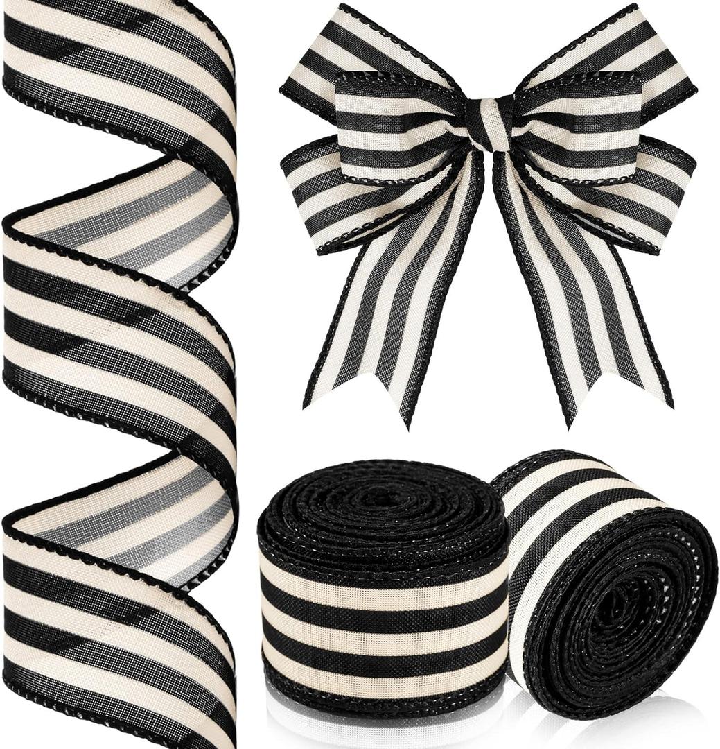 Moukeren 2 Rolls Black and Cream White Stripe Wired Edge Ribbon Halloween Rustic Ivory Boho Black and White Ribbon for Christmas Party Gift Wrapping Bow DIY Craft Home Decor(1.5 Inch, 20 Yard)