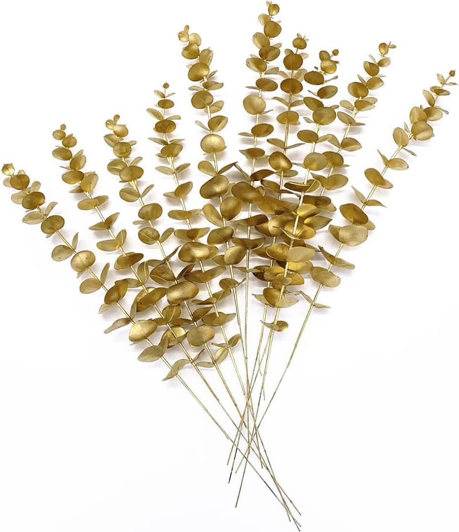 Artificial Golden Plants for Christmas Decoration Tall 30 Inch - 2 Pack, Faux Gold Eucalyptus Leaf Bushes Fake Leaves Plant Shrubs for Indoor Outdoor Planter Vase Filler Home Garden Wedding Xmas Decor