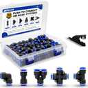 50PCS Push to Connect Fitting Kit, 5/16" or 8mm Air Hose Quick Connectors Pneumatic 10 Spliters+10 Elbows+10 Tee+10 Straight+10 Cross with 1PCS Tube Cutter