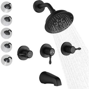3 Handle Tub Shower Faucet Set, Bathtub Shower Trim Kit with Tub Spout, Shower System Complete 3 knobs, Matte Black