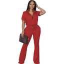 OCEANLUX Women's Lounge Tracksuit Set Two Piece Full Zip Up Short Sleeve Jacket & Drawstring pants Outfits (Red)
