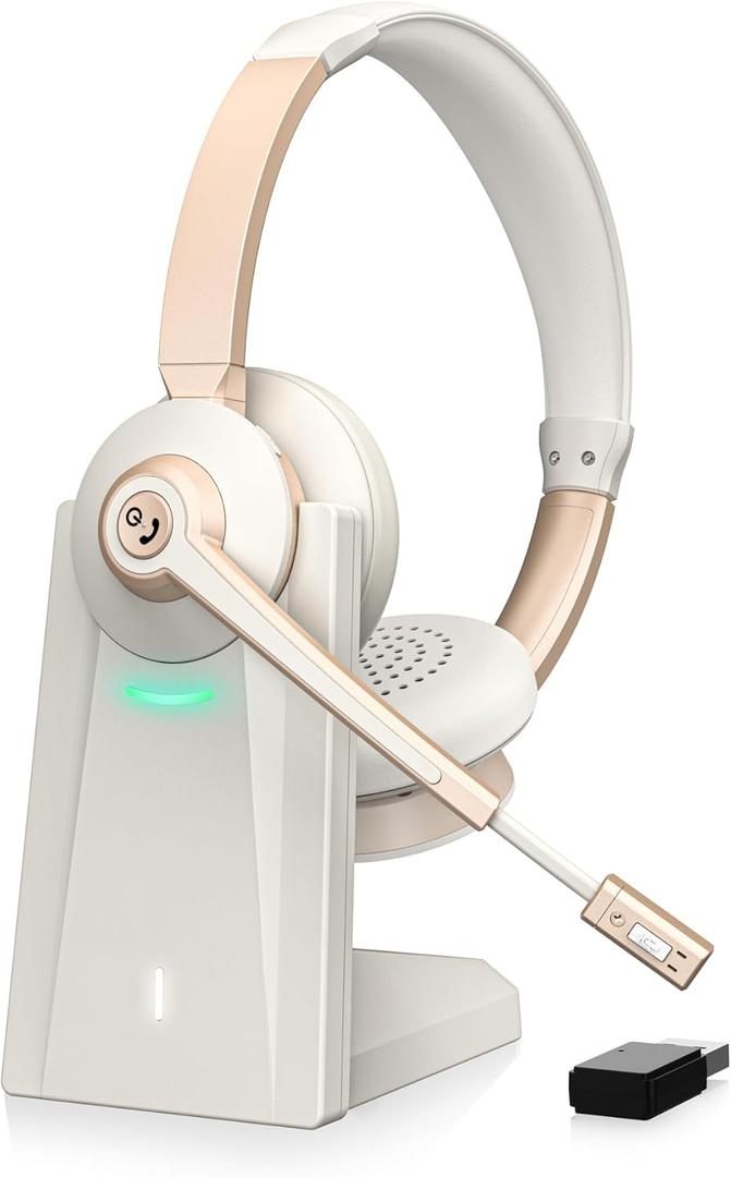 Wireless Headset with Mic for Work, Bluetooth Headset with Microphone, AI Noise Canceling Mic & USB Dongle, Wireless Headphones with Mic Mute & Charging Base for Office/Call Center/Laptop/Zoom (Champagne Gold & White)