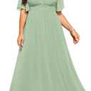 Plus Size Formal Dresses - V Neck Flutter Sleeves Evening Gowns Bridesmaid Wedding Guest Chiffon Long Maxi Dress (Green), 14W
