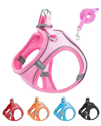 JUFOO XS Pink Soft Mesh Dog Harness and Leash Set,No Escape Puppy Harnesses for Training Walking， Reflective Adjustable Puppy Vest for Small Medium Dogs, Cats (Pink, XS)