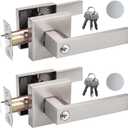 2 Pack Door Handle Heavy Duty, Keyed Alike Entry Door Lever, Door Knobs with Lock and Key (Different Keys), Square Door Lever in Satin Nickel for Bedroom, Bathroom and Front Door