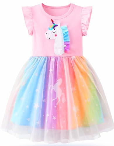 LEMONBABY Fashion Princess Girls Short Sleeve Glitter Unicorn MLP Rainbow Tulle Skirt Birthday Party Dress (6Y, LITTLE PONY PINK)