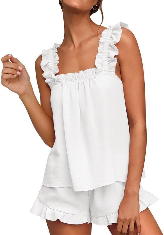 Marvmys Womens Pajamas Set 2 Piece Ruffle Bridal Cute Pajamas Sexy Tank Top and Shorts Bride Sleepwear Set (S)