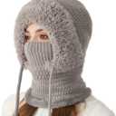 Women's Outdoors Windproof Scarf Hat, 3 in 1 Winter Balaclava for Women, Warm Knitted Face Mask Hat Cap ScarfGray