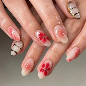 2 x Short Nails Press on Almond Floral Fake Nails Pink Flower Gold Curve Line False Nails with Designs Elegant Acrylic Nails Blush Glossy Glue on Nails for Women Girls 24Pcs