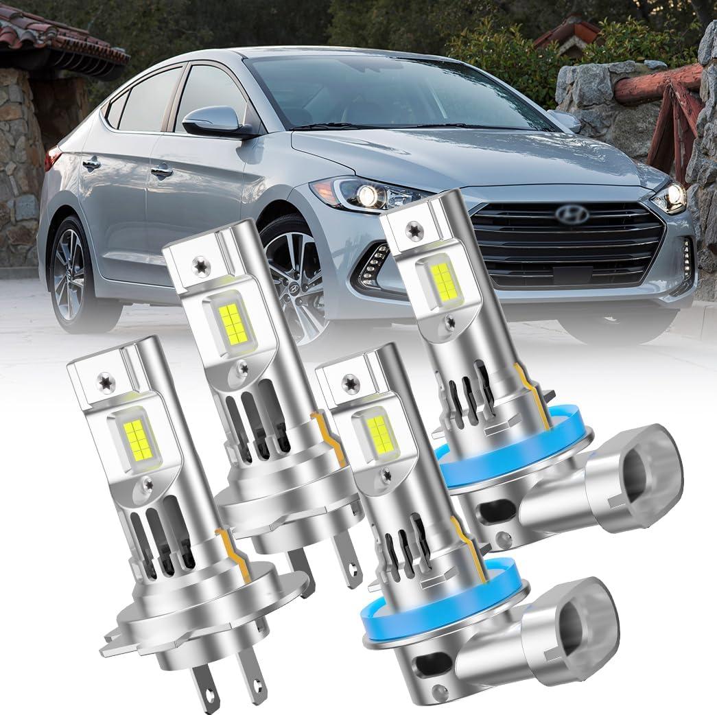 Automotive Front Light Bulbs, H7 and H11 Front Light Combo, 6000K with Built-in Fan for Elantra 2014 2015 2016 (with Projector) 2017 2018, High and Low Beam, 12-24V, 4-Pack