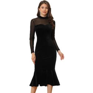 Allegra K See Through Velvet Bodycon Dress for Women's Sheer Mesh Long Sleeve Midi Cocktail Mermaid Dress (Medium)