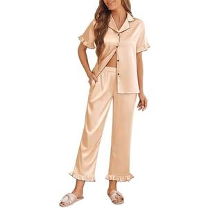 Ekouaer Silk Pajamas for Women Satin Short Sleeve Pajamas Set with Ruffle 2 Pieces Button Down Tops and Pants Khaki at Amazon Womens Clothing store