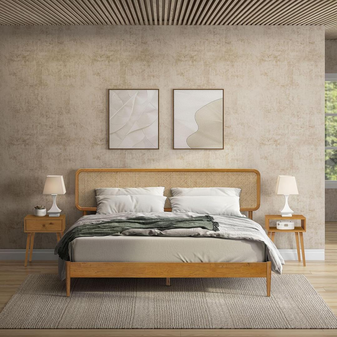 NTC Lupin Wooden Bed Frame with Headboard and Natural Rattan, Solid Oak/Rubber Wood Foundation with Silent Slats, 1000 Lb Capacity, Effortless Assembly (Natural Cane - Rustic Oak, King)