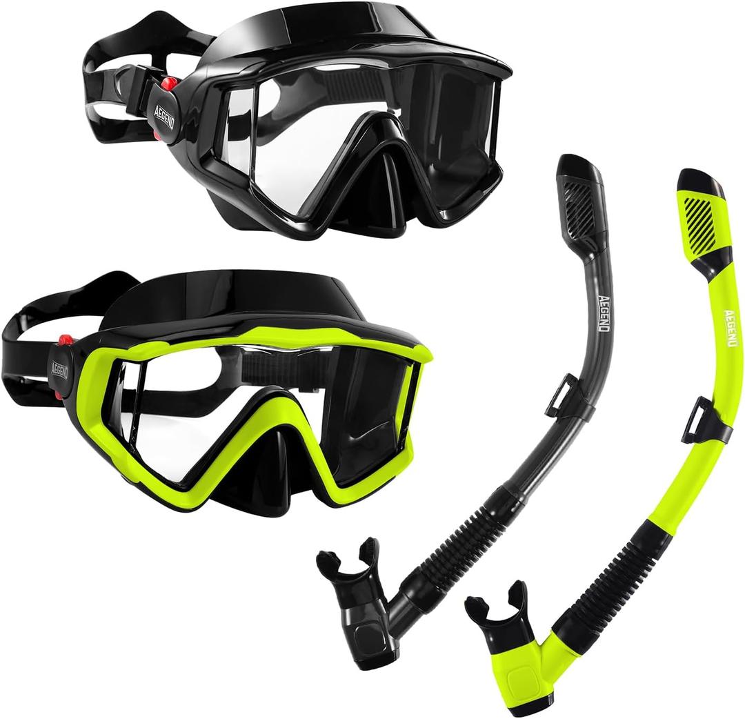 Aegend Snorkeling Gear for Adults Youth Kids, Snorkel Mask with Top Dry Valve - Panoramic View Anti-Leak and Anti-Fog with Mesh Bag for Snorkeling, Scuba Diving, Freediving & Swimming (2 PACK-Black & Yellow Green)