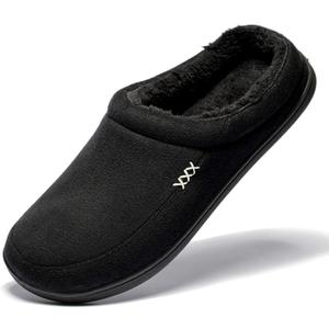 NewDenBer Men's Warm Memory Foam Suede Plush Fleece Lined Slip on Indoor Outdoor Clog House Slippers (Black)