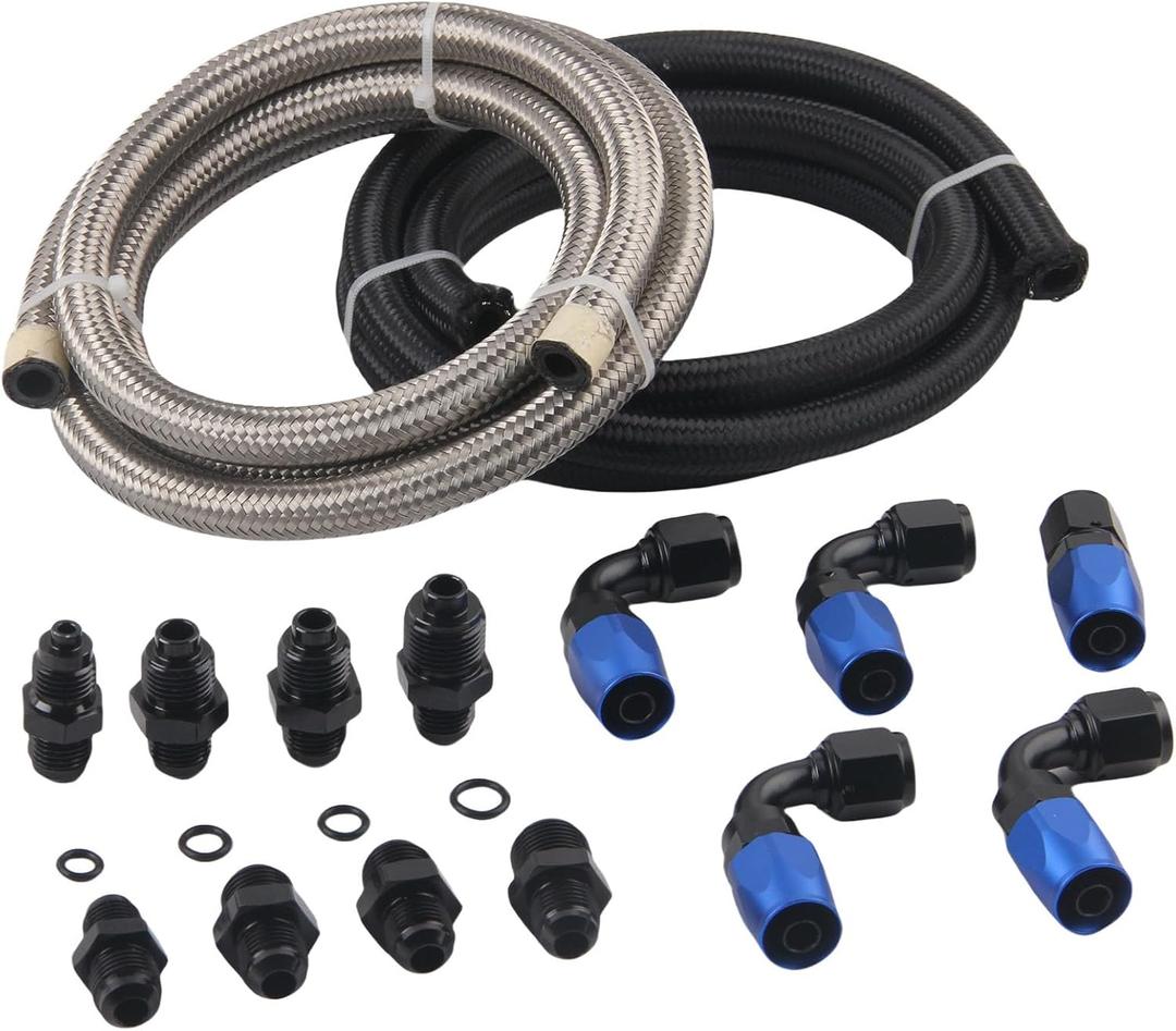 AN6 Power Steering Hose Fitting Kit for GM LS Swap LS1 LS3, Return to Reservoir Hose Kit, Fit for Ford Mustang II Rack & Pinion 1974-1977, Nylon & Stainless Braided Line