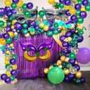114 PCS Mardi Gras Party Decorations Green Purple Yellow Balloon Arch Large Sized Mask Moon Star Foil Balloons for Mardi Gras Birthday Baby Shower Masquerade New Orleans Party, 12 Inch, 5 Inch