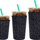 YR Reusable Neoprene Insulator Sleeve for Iced Coffee Cups, 3 Pack Coffee Coolies sleeves for Iced & Hot Drinks, Cold Beverage Cooler Compatible with Starbucks Coffee and More (Black Leopard Print)