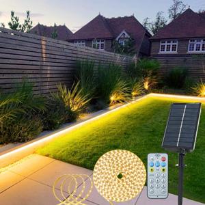 Solar Powered Strip Lights Outdoor Waterproof, 16.4Ft 320 LED Strip Lights with Remote, Timer, 8 Modes, Cuttable, Strip Lights for Cabinet Stair Patio Walkway Decor (Warm White)