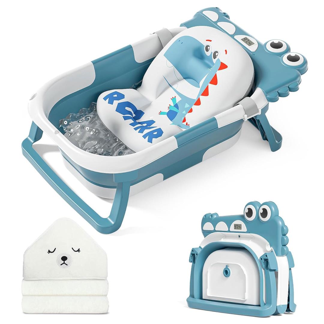 MoreFeel Collapsible Baby Bathtub for Newborn with Thermometer & 1 Hooded Towel & 1 Soft Floating Cushion,Portable Travel Bathtub with Drain Hole, Durable Foldable Baby Tubs for Infants to Toddler, Blue (Alligator)