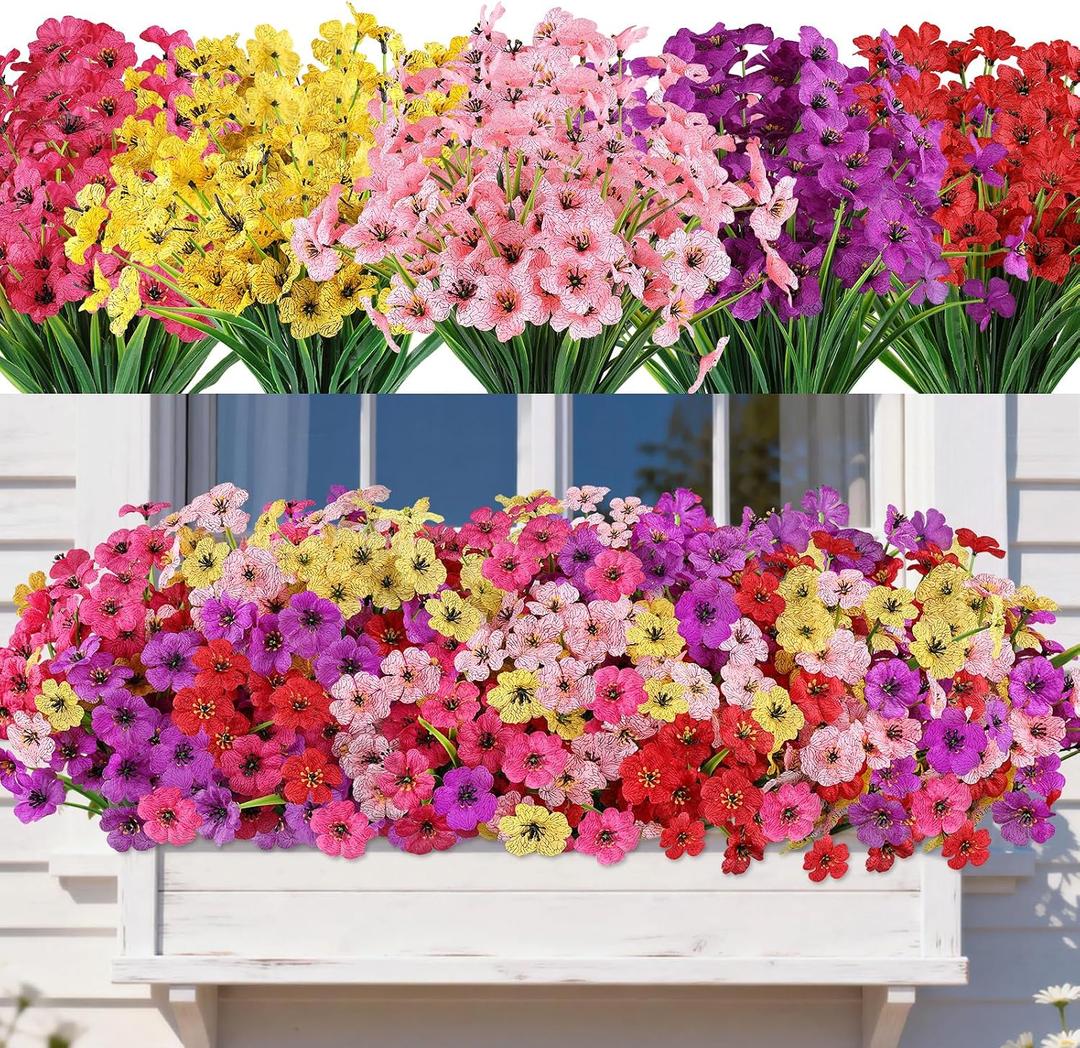 AmyHomie 20 Bundles Artificial Flowers for Outdoors, UV Resistant Fake Flowers No Fade, Faux Plants for Garden Porch Window Box Patio Decor (Mix Color)