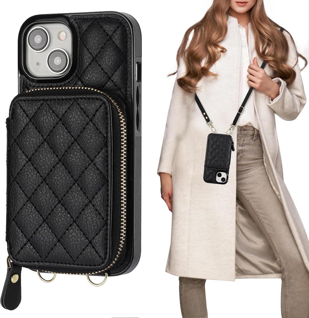 Bocasal Crossbody Wallet Case for iPhone 15, RFID Blocking PU Leather Zipper Handbag Purse Flip Cover, Kickstand Folio Case with Card Slots Holder Wrist Strap Lanyard 5G 6.1 Inch (Black)