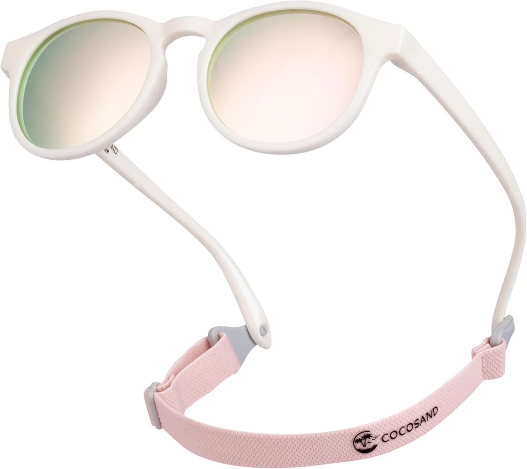 COCOSAND Baby Toddler Sunglasses with Strap Polarized Flexible Round Frame for Newborn Infant Kids Boy Girl Age 0-6 Years Old (White With Pink Lens)