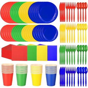 Dandat 280 Pieces Complete Party Tableware Pack 9" 7" Dinner Dessert Paper Plates 9oz Cups Napkins Plastic Forks Knives Spoons for Birthday Carnival Supplies, Serves 40(Blue Red Green Yellow)