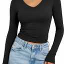 Avidlove Womens Long Sleeve Tops Double Lined V Neck Top Fitted Basic T Shirts Going Out Tops with Panties (Black, L)