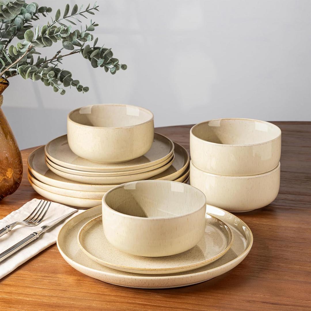 TheTerra Ceramic Dinnerware Sets for 6, 18 Pieces Handmade Reactive Glaze Plates and Bowls Set, Scratch Resistant Dish Set, Oven & Microwave & Dishwasher Safe, Cappuccino