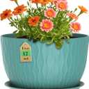 WSMKSZ 12 Inch Large Plant Pots for Indoor or Outdoor Plants, Wide Water Ripples Flower Pots with Drainage Holes & Saucer, Plastic Planters Set for Garden & Home Decor (Blue Green)