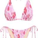 Seamoly Women's Bikini Sets Halter Fishnet Shell Decorated Two Piece Swimsuit Sexy Side Tie Thong Bandeau Bathing Suits, Size XS (Pink Floral)