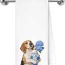 Blue Hydrangea Beagle Kitchen Towels, Beagle Lovers Gifts Dish Tea Towels for Kitchen Decor, Chinoiserie Porcelain Floral Dog Decorative Hand Towel Bathroom Decor, 16x24 Inch