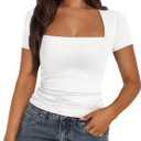 Trendy Queen Women's Square Neck Tops Short Sleeve Shirts Double Lined Workout Summer Clothes Casual Slim Fit T-Shirts