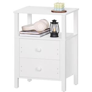 Lerliuo White Night Stand, Small Nightstand with 2 Wood Drawers and Storage Shelf, Modern Bedside Table with Wooden Frame, Rustic Couch Nightstand for Small Spaces, Narrow End Tables for Bedroom