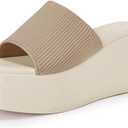 Coutgo Womens Platform Slides Sandals Square Open Toe Slip On Elastic Band Casual Lightweight Wedge Shoes (Brown)