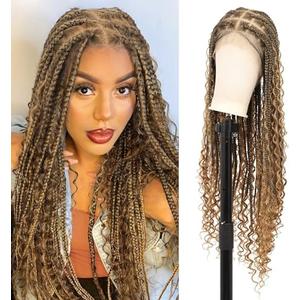 Olymei 360° HD Full Lace Front Knotless Braided Wigs for Black Women Boho Braided Wigs with Baby Hair Box Braid Wig Premium Synthetic Braid Lace Front Wig with Curly End Light Brown 36"