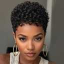 Short Curly Pixie Cut Wigs with Bangs Human Hair for Black Women Non-Lace Full Machine Made Rose Net Cap Human Hair Pixie Wig Brazilian Virgin Glueless Bob Wig Human Hair Short Layered Wigs For Women (Natural Color)