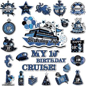 10th Birthday Cruise Door Magnets Decorations, Blue Black Silver Happy 10th Birthday Cruise Ship Door Decor Magnetic for 10th Boys Girls Anniversary Party Supplies Door Refrigerator Fridge Car Kitchen