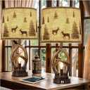 Scenekoy Rustic Farmhouse Antlers Table Lamp Set of 2 with Nightlight Dual USB Ports Linen Fabric Round Shade Bedside Lamp Decor for Living Room Bedroom Office House (Brown)