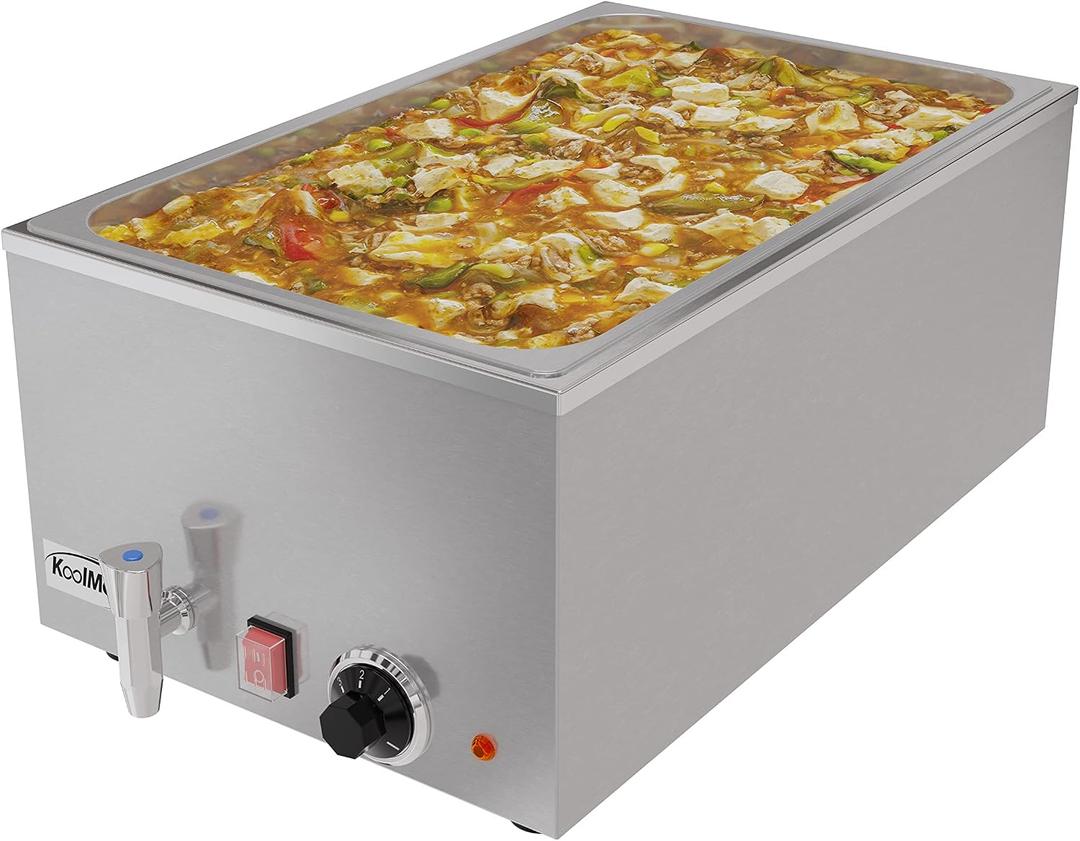 KoolMore Commercial Bain Marie Countertop Food Warmer, Soup Station, and Buffet Table Server with One Serving Section and Tap, Stainless-Steel Steamer with Auto Shut Off (CFW-1T), Silver