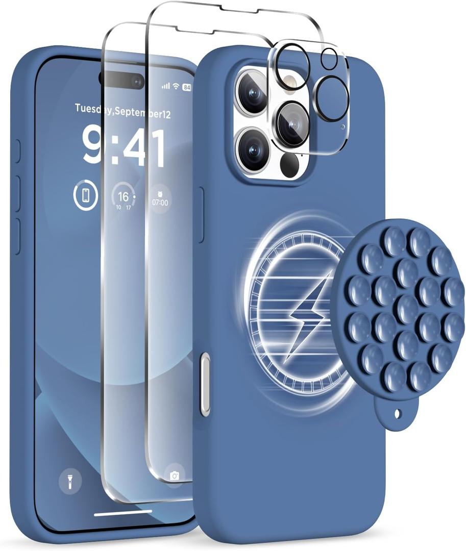 Magnetic for iPhone 16 Pro Case, Compatible with Magsafe, Suction Cup Phone Mount, 2 Screen Protectors - Camera Protector, Silicone Shockproof Protective Phone Cover 6.3", Azure Blue