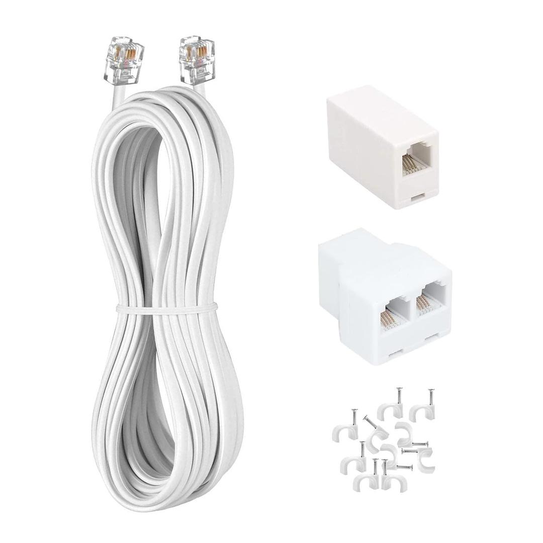 Long Telephone Extension Cord 50 FT, White, Phone Cable Wire with Standard RJ11 Plug, 1 Phone Line Splitter, 1 in-line Coupler and 35 Cable Clips for Telephone Calling Communication