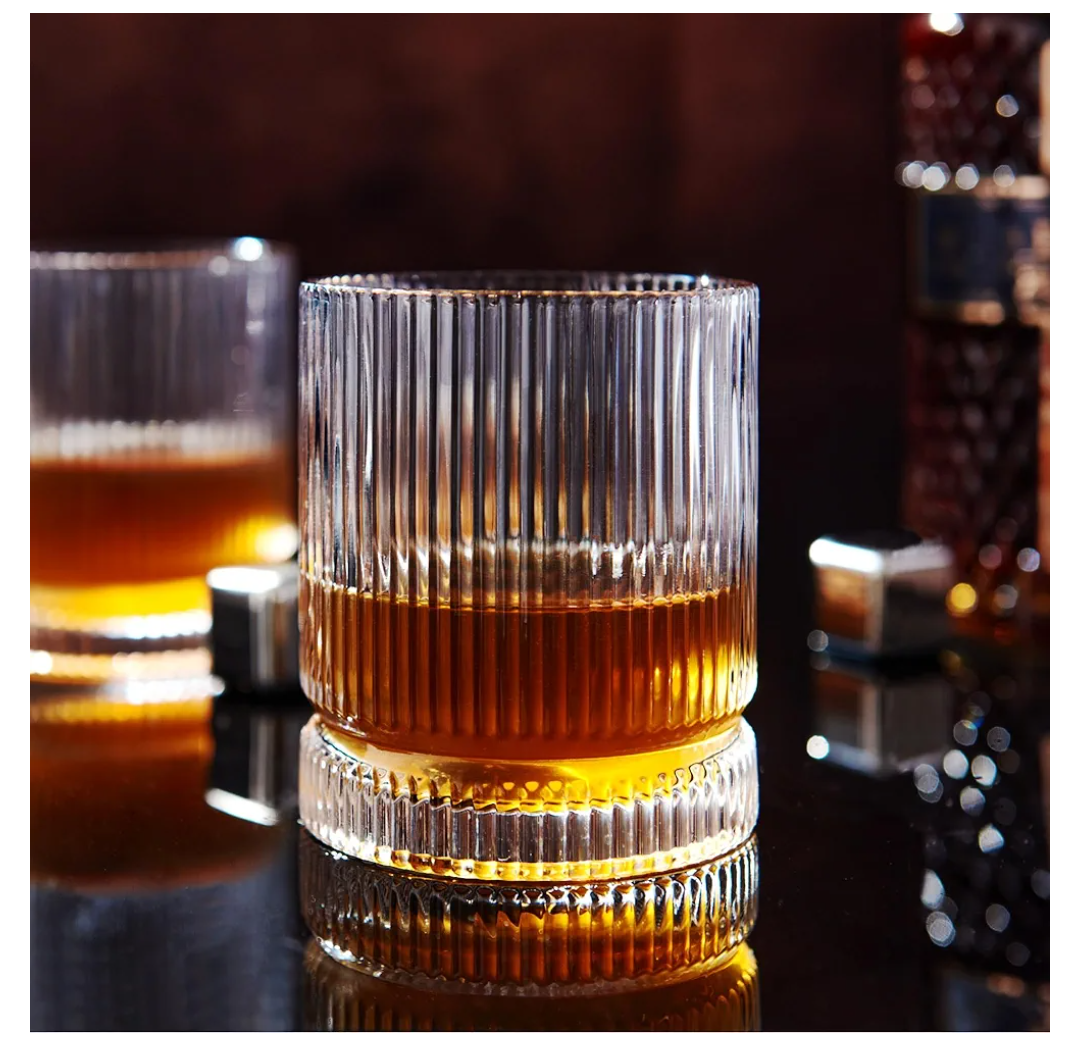 VUNDO Ribbed Whiskey Glasses Set of 8, 12 Oz Lead-Free Crystal Heavy Base Barware Glass, Perfect for Bourbon Rocks Cocktail Scotch Drinking