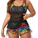 BEAUDRM Women's Plus Size Tankini Swimsuits 2 Piece Floral Tropical Swimwear Hollow Out Bathing Suits Lace Beach Swimsuit Black XX-Large Plus