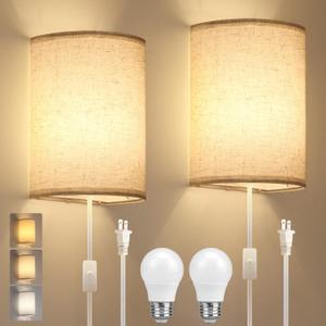 Plug in Wall Sconce, 3 Color Wall Sconces Set of Two, Industrial Lamp with Plug in Cord, Rustic Wall Sconce Fixture, On/Off Switch Vintage Wall Light Fixture for Headboard Bedroom Porch (Beige)