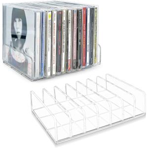 2 Pcs Clear Acrylic CD Holder, DVD/CD Display Rack & CD Storage Box & Vinyl Record Storage Stand Holds up to 14 Standard CD Cases for Media Shelf Storage and Organization