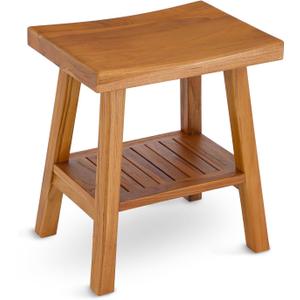 StrongTek Teak Shower Stool with Storage Shelf, 18-Inch Pre-Oiled Teak Wood Bath Seat Bench, Ergonomic Curved Seat, Easy Assembly, Water-Resistant, 350 lbs Capacity, Ideal for Bathroom, Spa & Home Use (Natural)