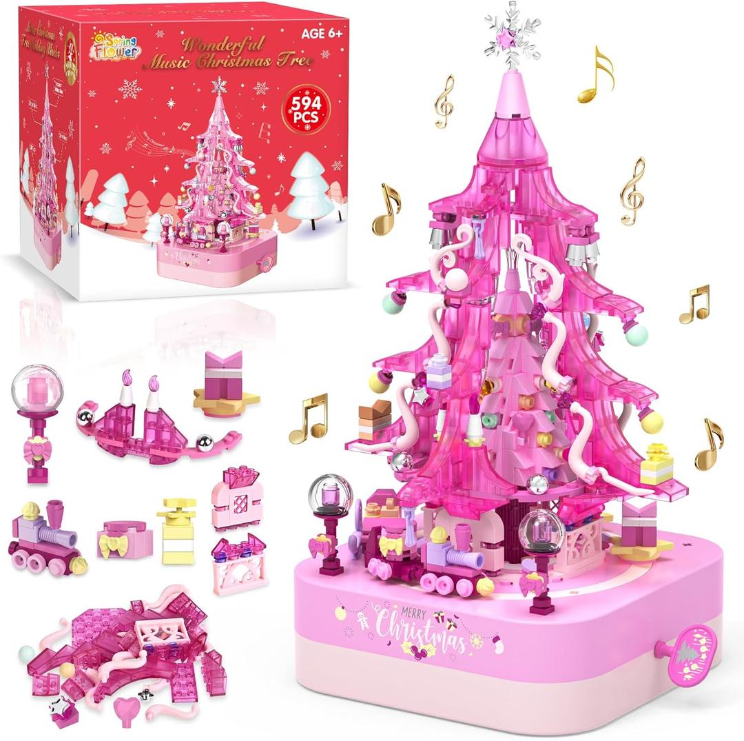 SpringFlower Christmas Tree Building Block Set, Rotating Music Box Christmas Tree for Boys Girls Adults, Xmas Gifts Decorations for Kids Adults Teens, Pink, 594 PCS