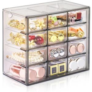 Desk Storage Organizer with 12 Mini Drawers, Clear Desktop Craft Drawer Cabinet, Stackable Storage Box Caddy for Makeup Jewelry Office Craft Supplies (Grey)